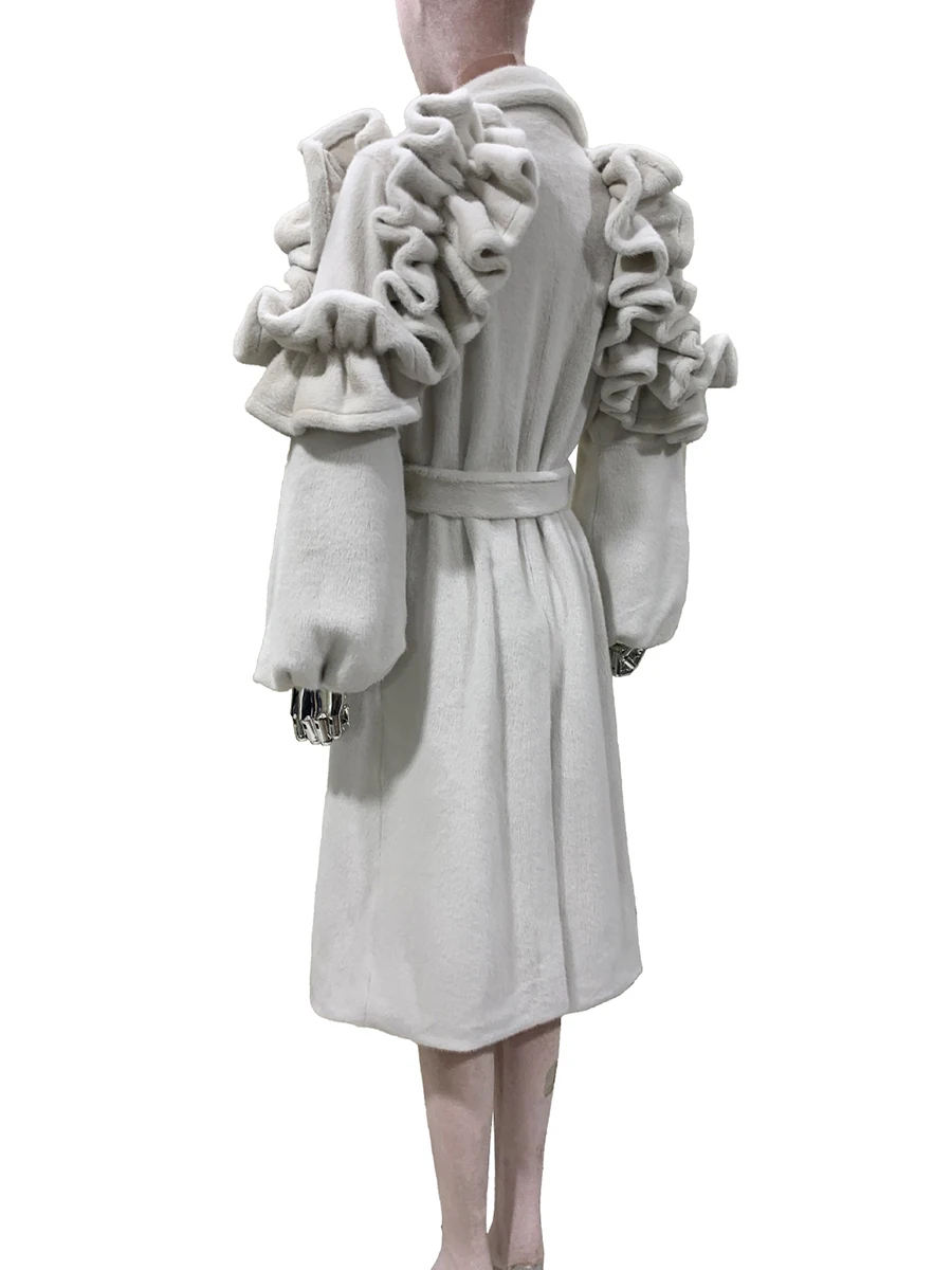 Autumn Winter Warm Soft Faux Mink Fur Coat Women Ruffled Lantern Sleeve Elegant Chic Luxury Designer Clothes Runway Fashion 2025