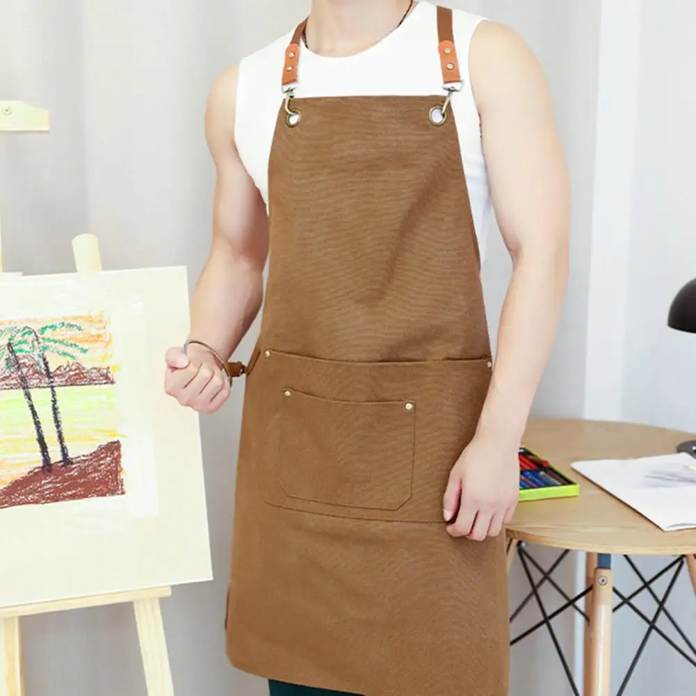 Chef Apron Cotton Canvas Cross Back Straps Apron with Large Pockets Water-repellent Chef Bib Apron