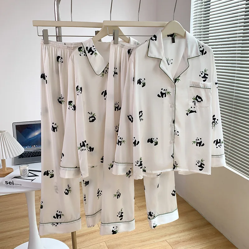 

Spring Autumn Pajamas Women Sleep Set Nightwear Rayon Home Clothes Print Cartoon Pjs 2Pcs Shir&pants Turn Down Collar Nightwear