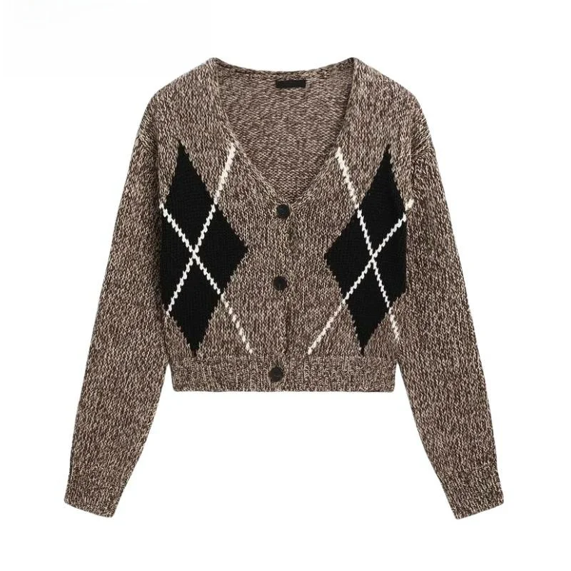 

Spring New Faion Women's Cotton Knitted Sweater V-Ne Long Sve Diamond Pattern Open Cardigan ort Jaet 575670