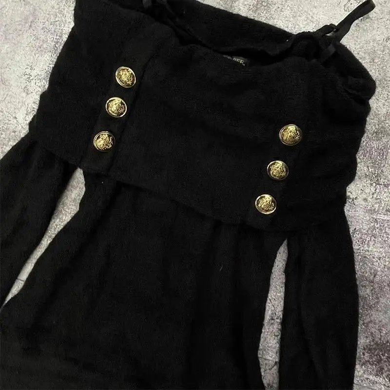 Winter Aesthetic Elegant Y2k Pullover Woman Black Long Sleeve Solid Design Warm Sweater Female Retro Chic Korean Popular Clothes