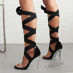 ZHIMA Women Sandals Clear Wedges Elastic Band Lace Up High Heels Pumps Transparent Ladies Shoes Woman Large Size 41 43 46 47