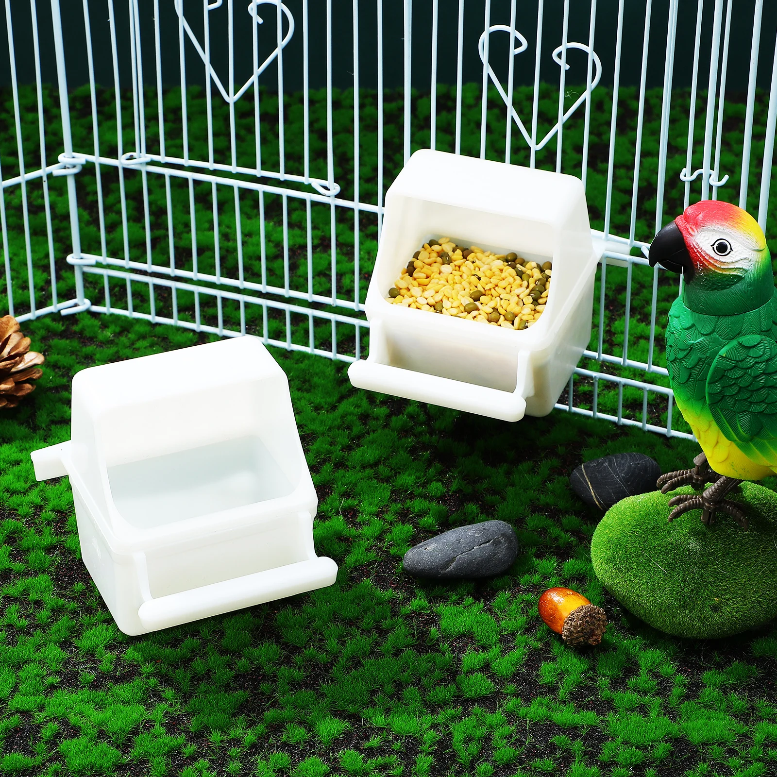 

2 Pcs Splash-proof Food Box Transparent Bird Feeder Parrot Feeding Device Cage Cup Accessories Feeders Dish Container