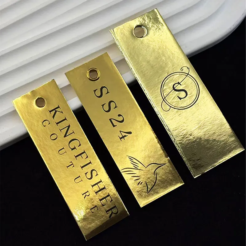 Custom Gold Clothing Labels Debossing Embossed Logos Silk Tags with Hanging Ropes for Apparel Accessories