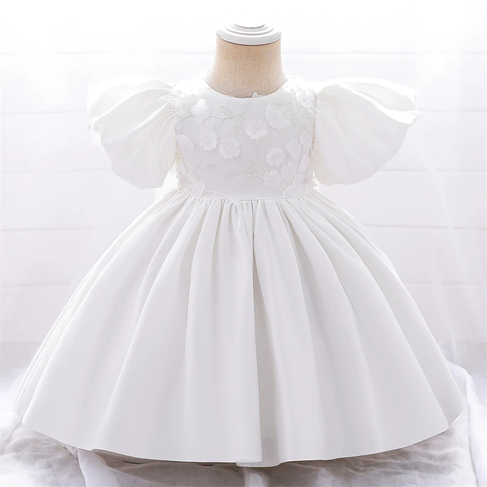 Elegant Baby Girl Flower Dress For Wedding Formal Bow Kids 1st Birthday Party Baptism Princess Dresses Children Puff Sleeve Gown