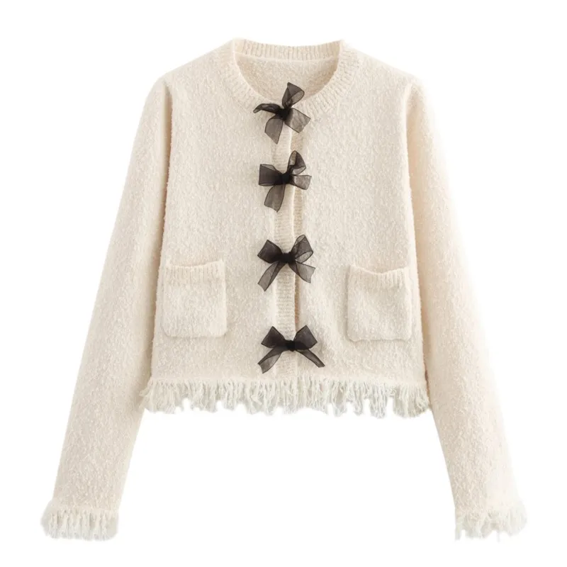 Set di gonne corte maglione lavorato a maglia morbido beige autunno inverno giacca con fiocco in rete dolce + gonna sottile con nappe abiti da donna di moda