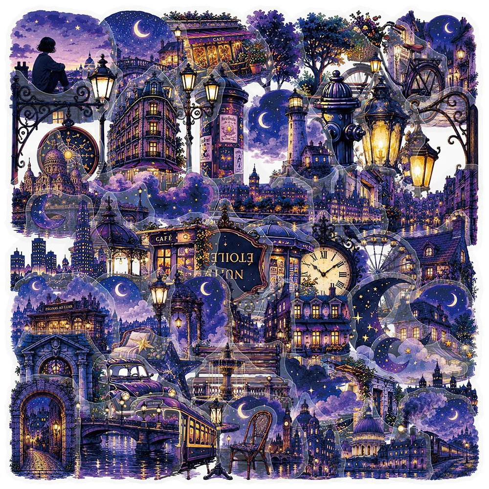 10/30/50pcs Transparent Purple Dreamy European-Style Night Scene Stickers Waterproof Graffiti Scrapbooking Phone Case
