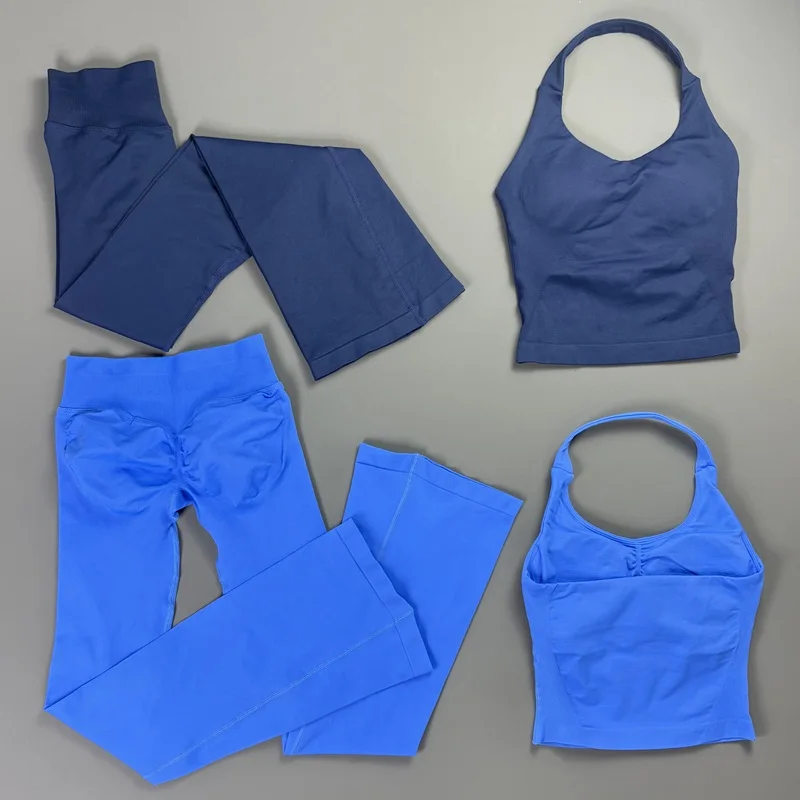 2Pcs HISTELLO Fitness Flare Set Women Quick Dry Halter Tank Top Tummy Control Hip Lift Sexy Gym Training Running Sports Outfit