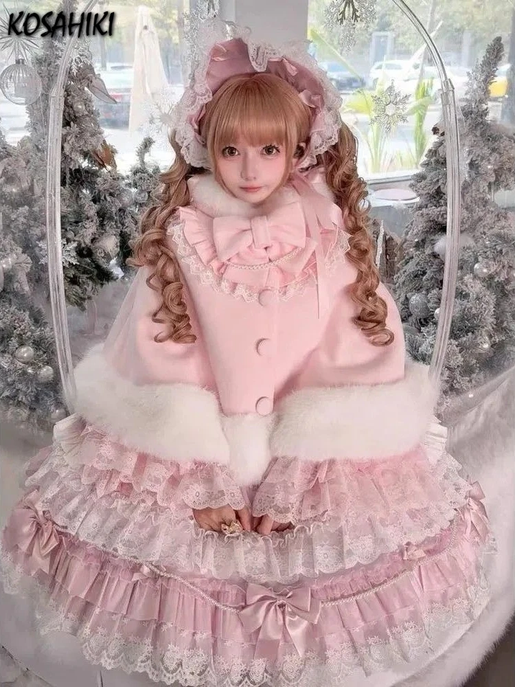 Lolita Cloak Fluffy Patchwork Hooded Coats Japanese Sweet Bow Winter Women