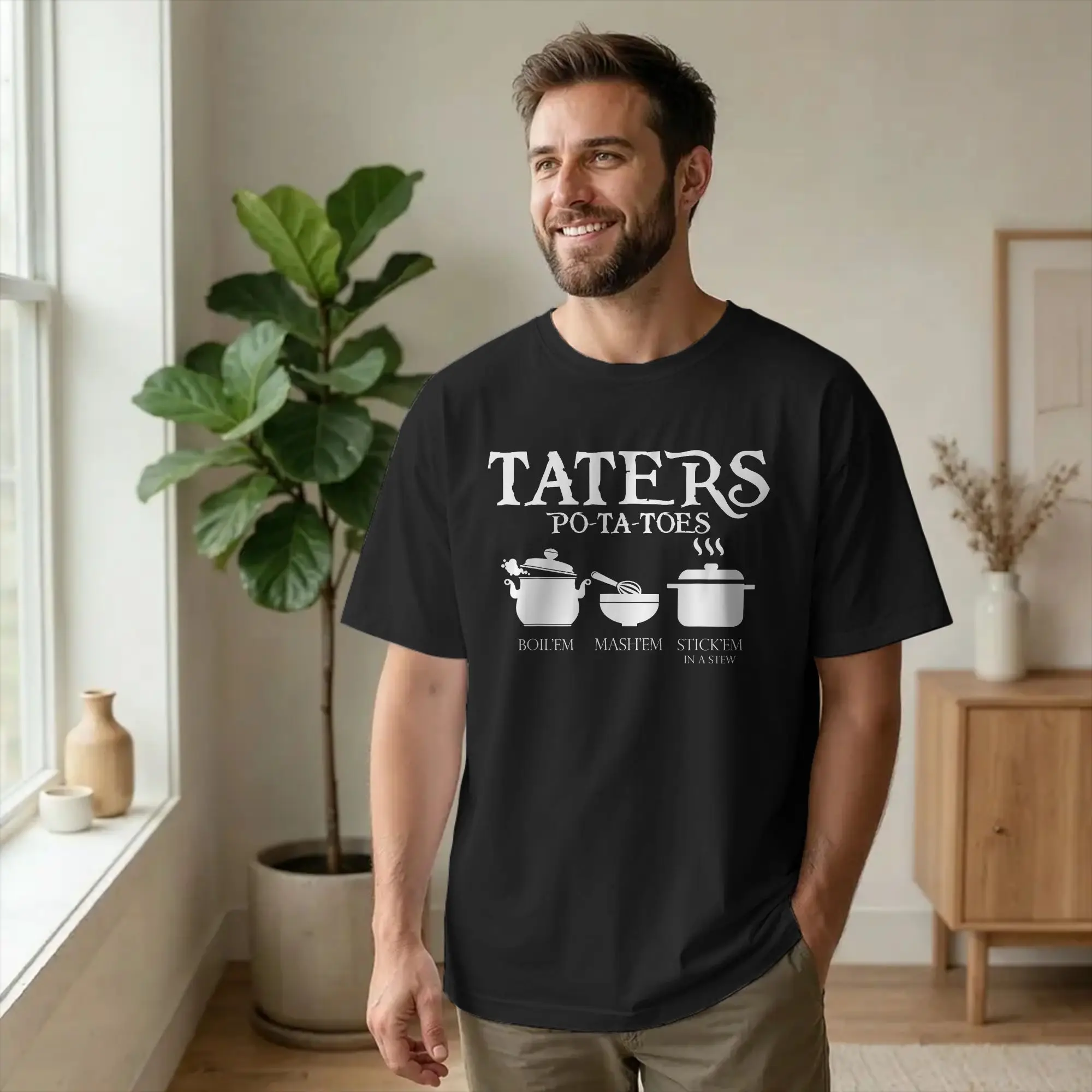 Taters Po-ta-toes Funny Nerdy T-Shirt for Men Boil Mash Stick Em Novelty 100% Cotton Tee Shirt Short Sleeve T Shirts Adult Tops