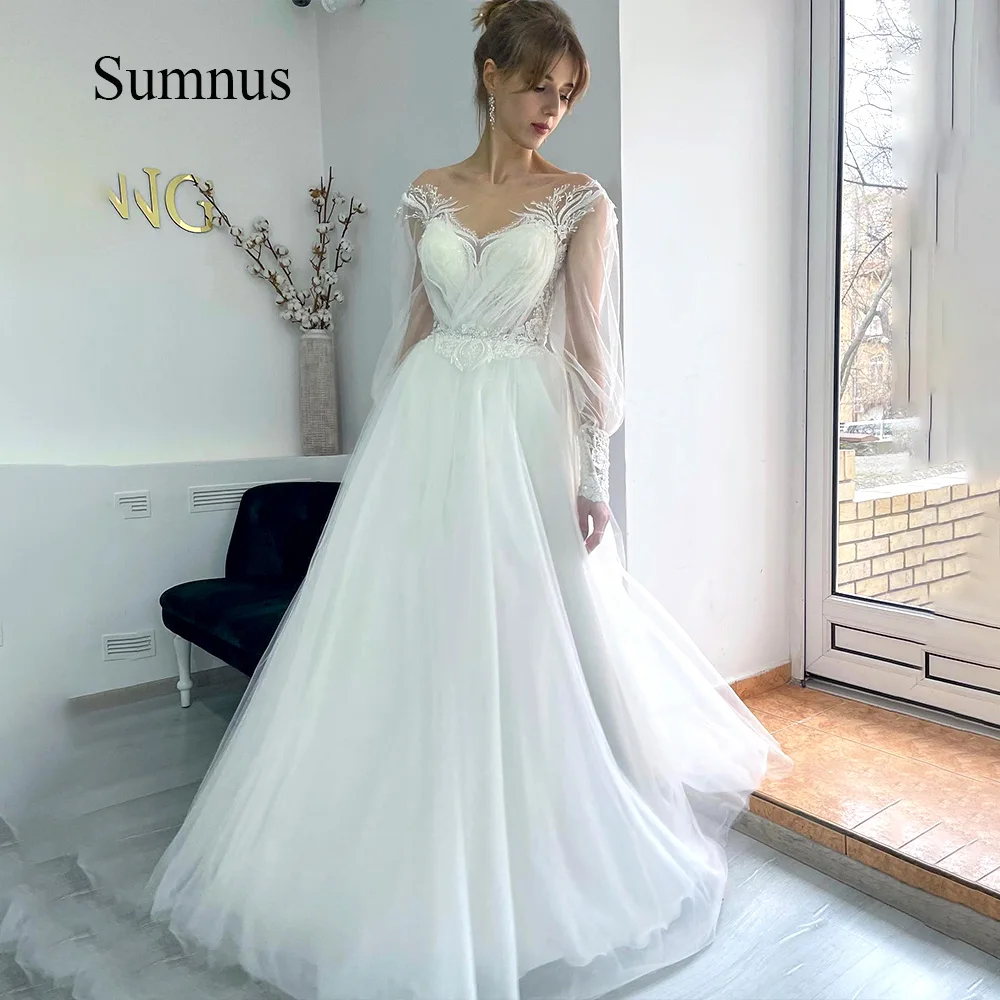 

Sumnus White Lace Appliques A Line Wedding Birde Dresses Long Sleeve Draped Tulle Bride Dress Lace Up Bridal Gowns Customized