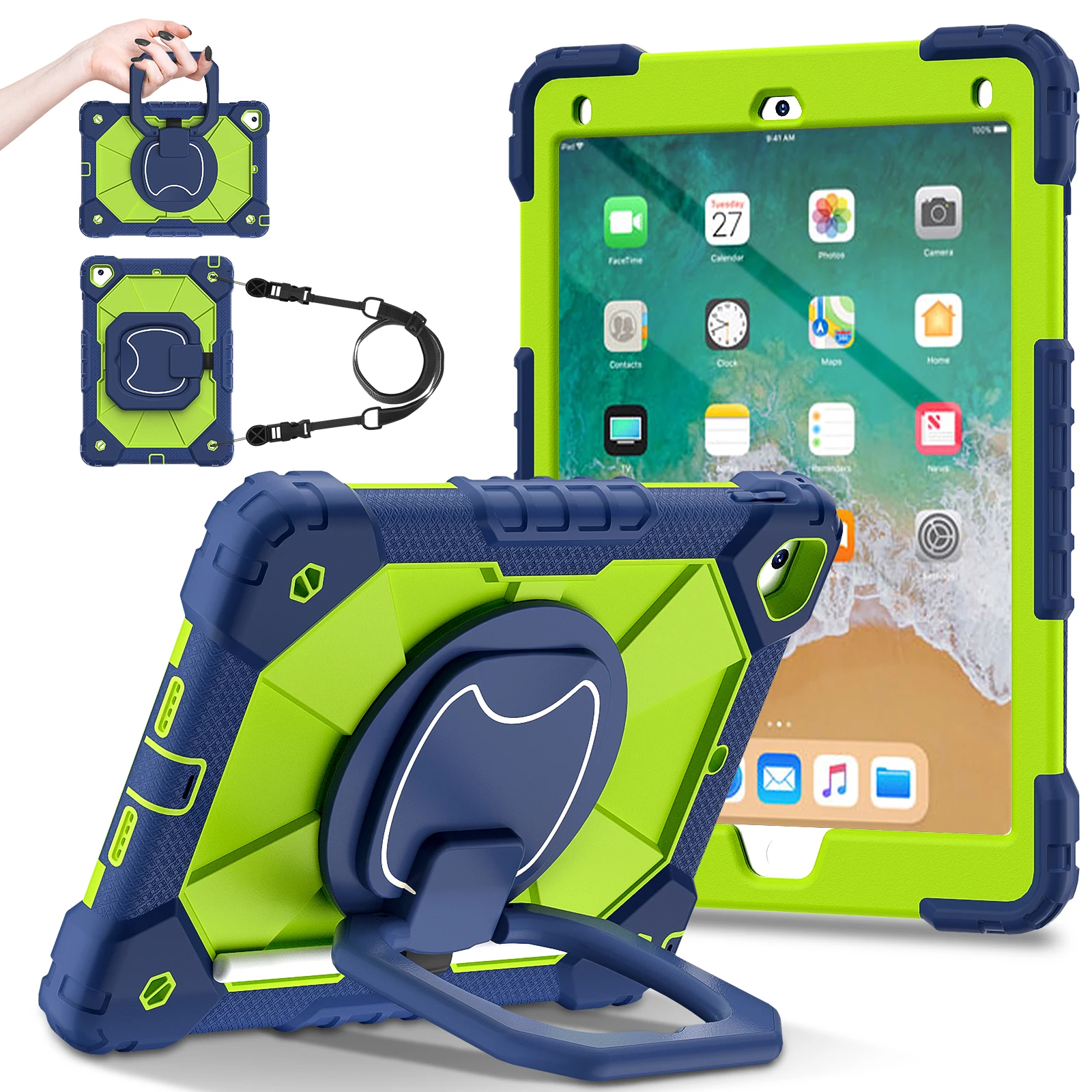 Rotating Heavy Duty Case For iPad 5 6 7 Air 1 2 Pro 9.7 2017 2018 5th 6th Gen Armor Stand Cover With Handle Grip Shoulder Strap