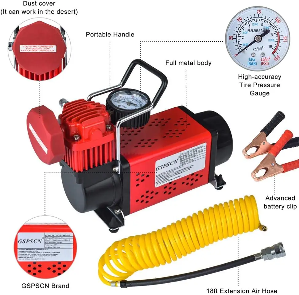 Heavy Duty Tire Inflator 150PSI 12V Portable Air Compressor Pump | Metal Air Pump with 5.5m Extension Air Hose for Car,Pickup