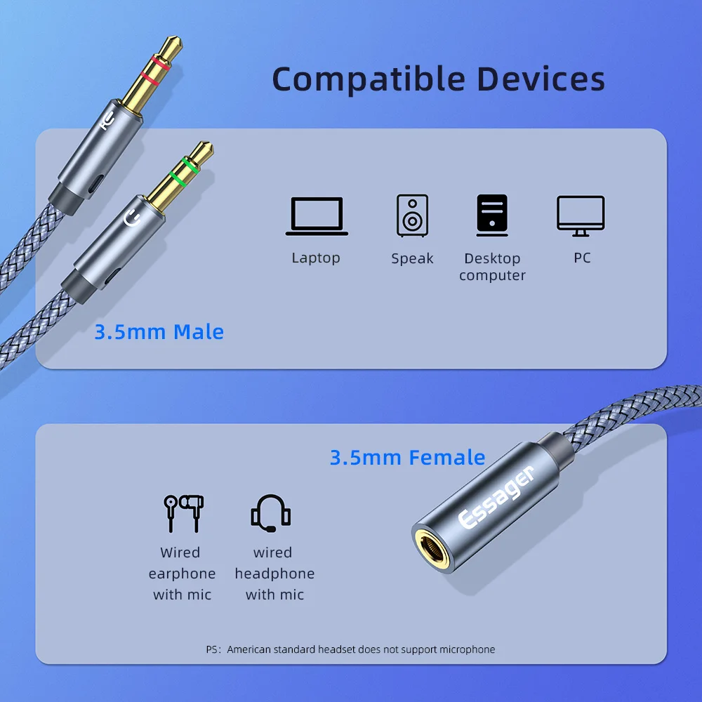 ESSAGER Aux Cable Headphone Audio Splitter 3.5mm Female to 2 3.5mm Jack Male Aux Cable For Computer Speaker Mic Y Splitter to PC