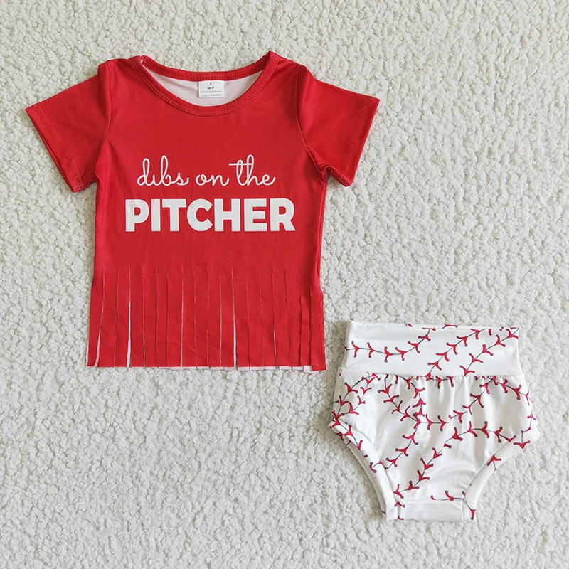 

Baby Girl Summer Baseball New Tassel Clothes Toddler Red Pitcher Set Children Infant Short Sleeve Top Shorts Bummies Kids Outfit