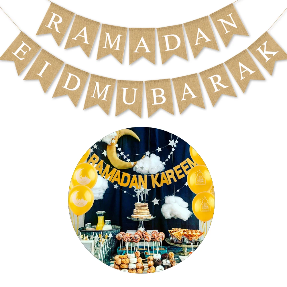 

Burlap Banner Eid Mubarak Pull Flag Party Decoration Supplies Ramadan Theme Letters Garland Wall Window Door Branch