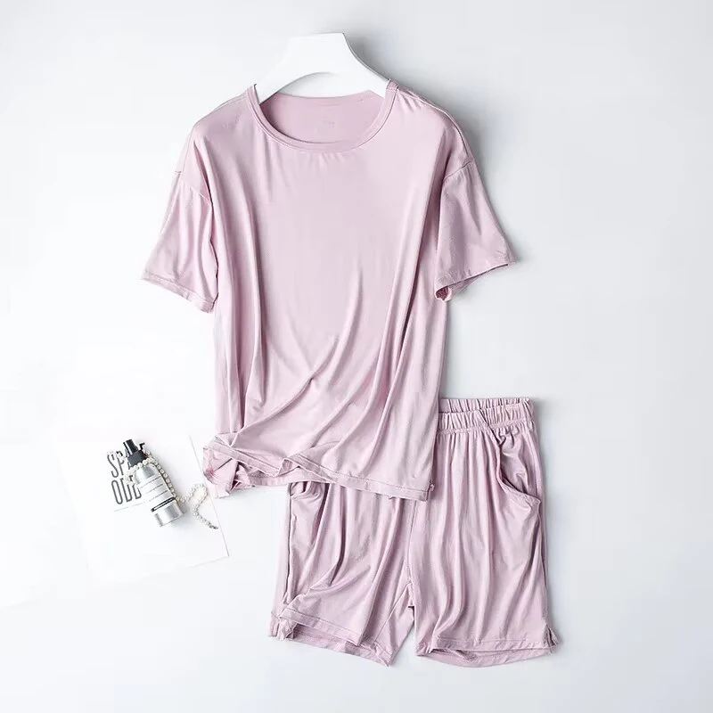 2026 Summer New Pajama Set Women's Modal Short Sleeve Shorts Two Piece Set Ladies Solid Loose Large T-shirt Homewear Women Shirt