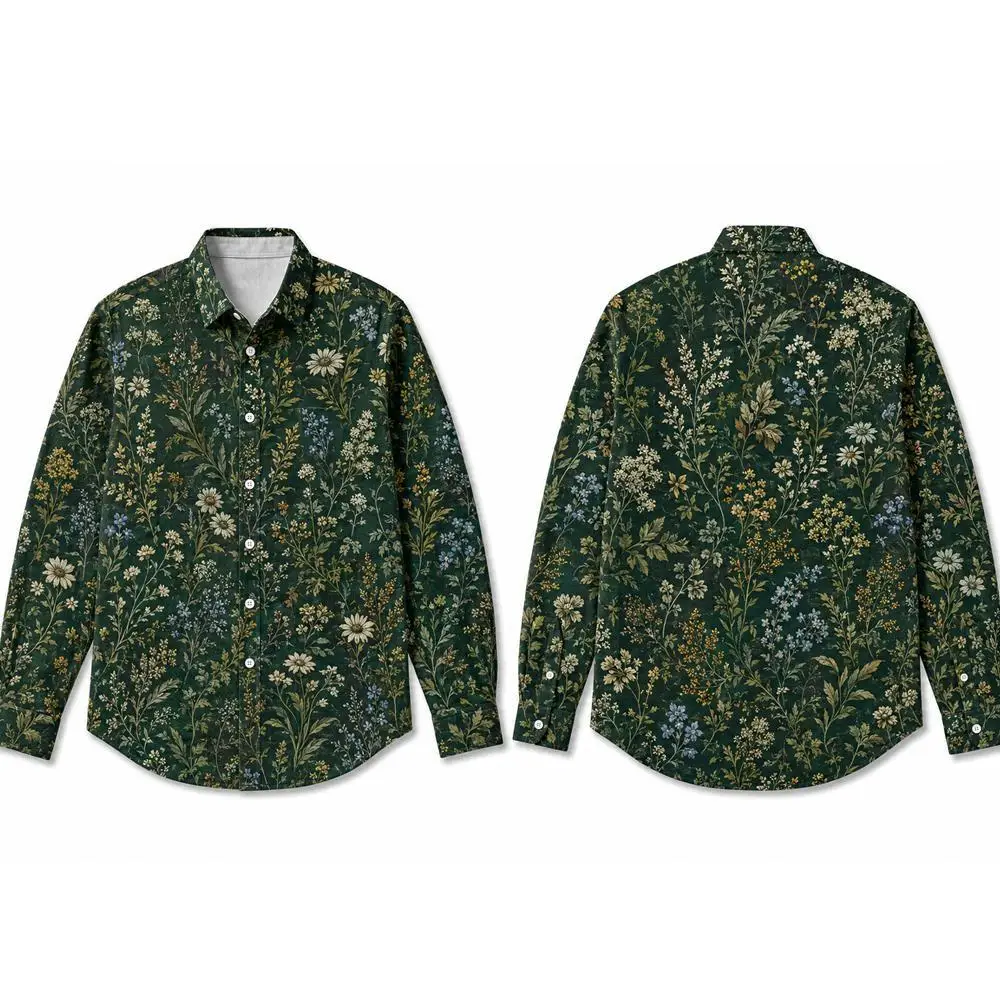 Men Cotton Floral Print Long Sleeve Shirt Vintage Wildflower Pattern Lapel Button Down Shirts Casual Holiday Streetwear Men Top