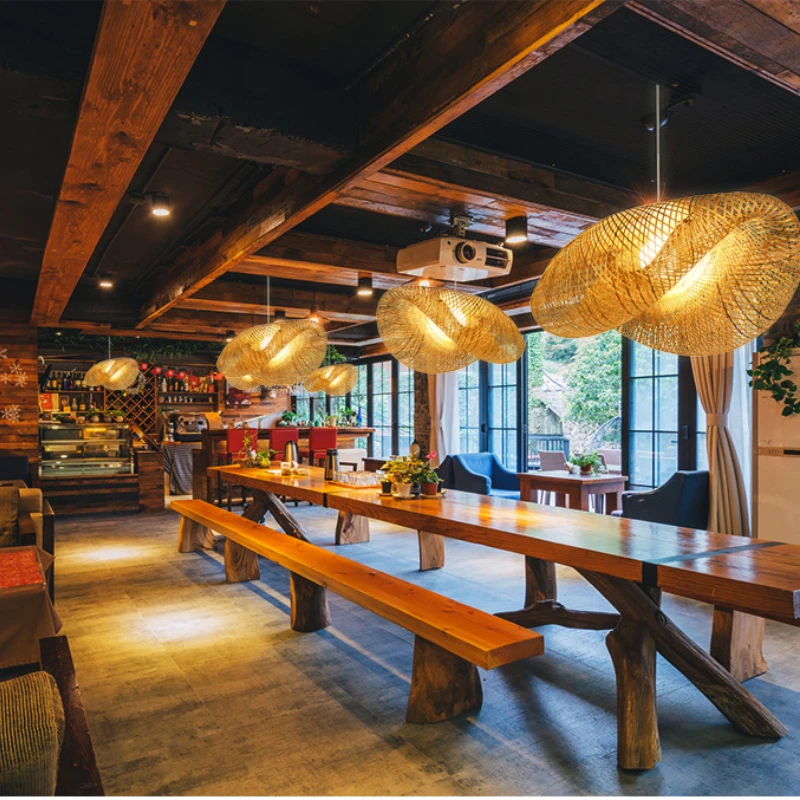 New Chines Style Bamboo Woven Chandelier Tea Room Creative Corridor Bedroom Restaurant Straw Hat Art LED Lighting Fixture