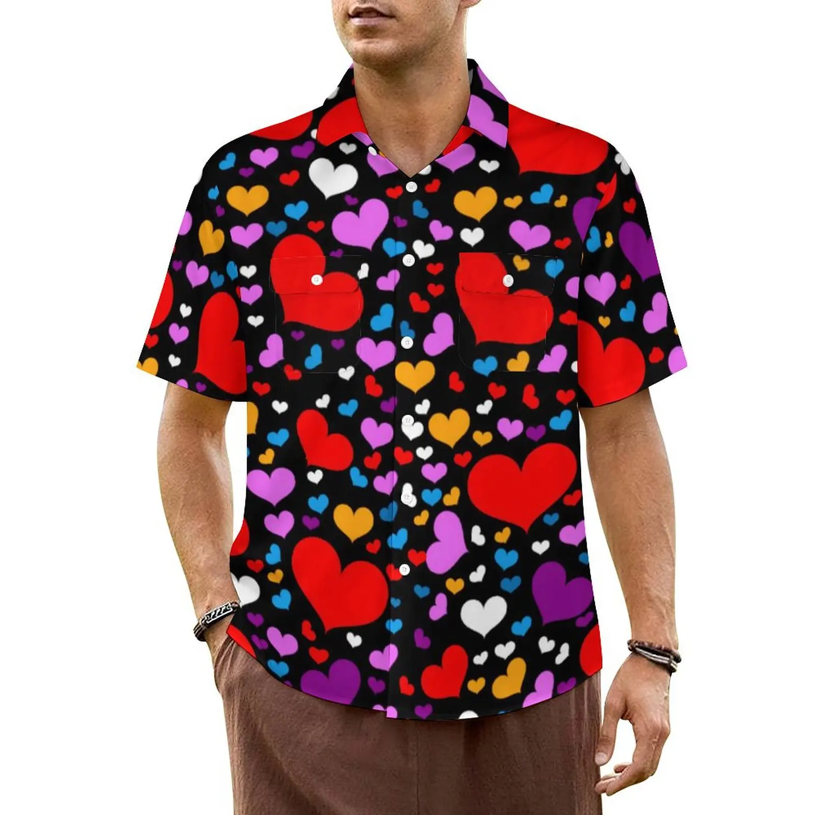 Colorful Heart Prints Casual Shirt Valentines Day Cool Hawaiian Shirts Men Short-Sleeve Beach Breathable Print Oversize Blouses