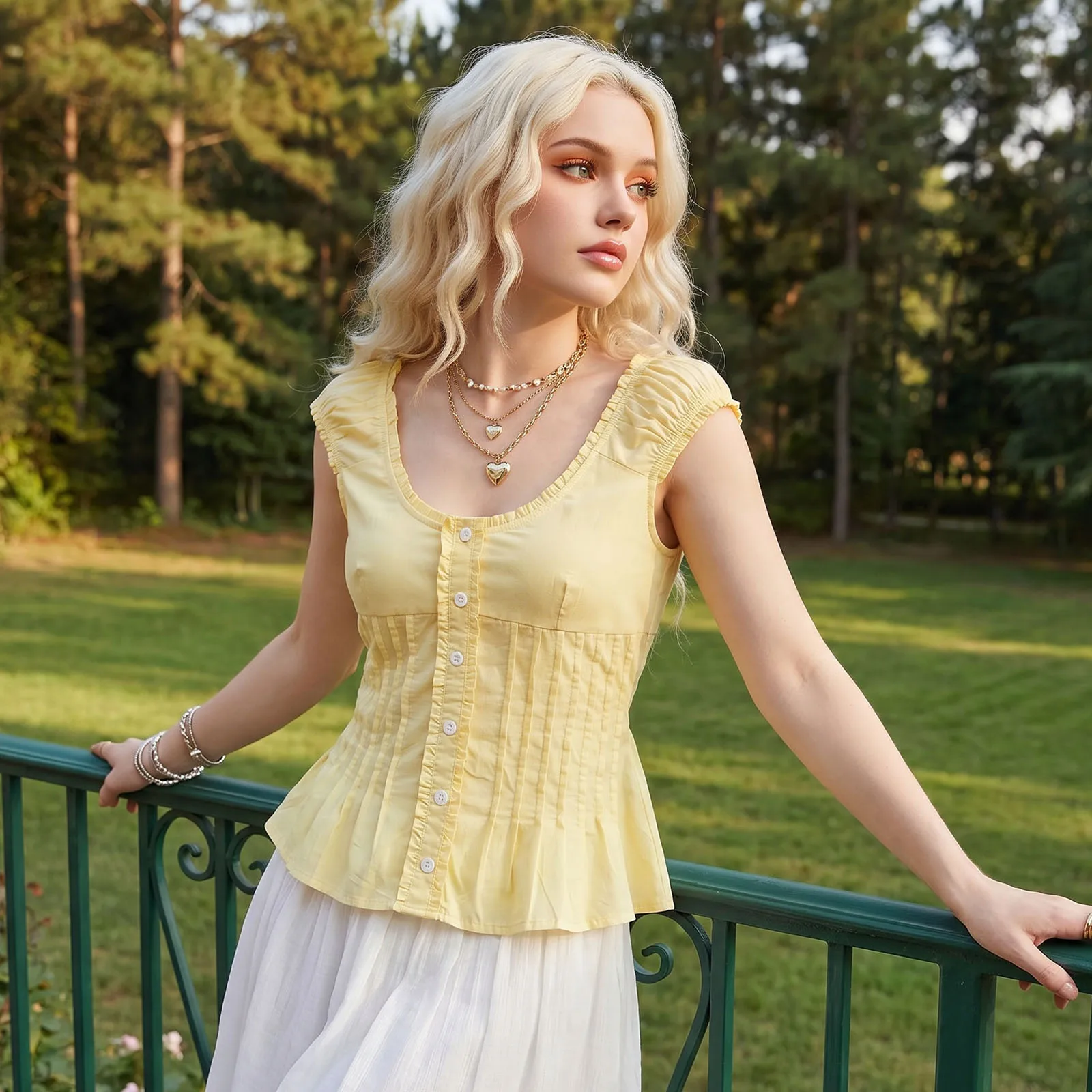 Women's Summer Button Down Blouses Casual Stylish Vertical Pleats Slim Fit Scoop Neck Cap Sleeve Tops Y2k Clubwear
