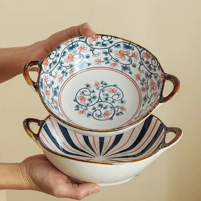 

# Private Brand Japanese Irregular Soup Bowl, Round Double Handle Ramen Ceramic Soup Basin With Flowers #