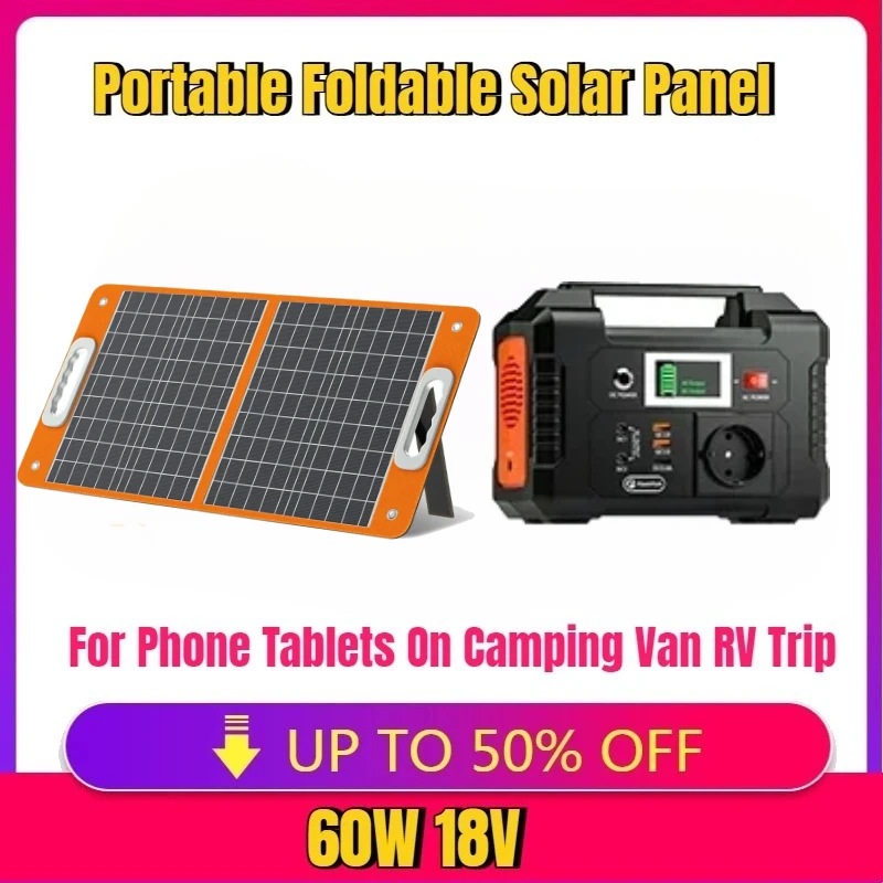 

For Phone Tablets On Camping Van RV Trip 60W Portable Foldable Solar Panel 18V Battery Cell Charger with DC Output USB-C QC3.0