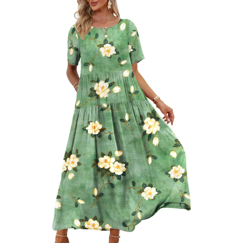 

Women Casual Loose Bohemian Floral Dress With Pockets Short Sleeve Long Maxi Summer Beach Swing Dress Ejf