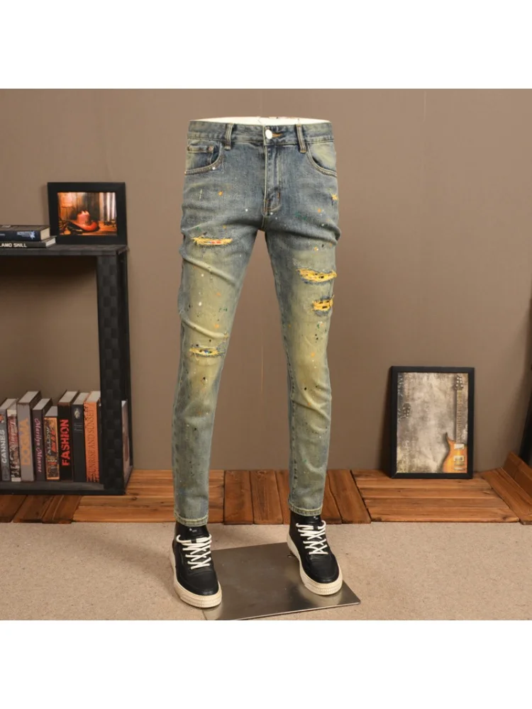 Retro Nostalgic Ripped Jeans Men's Street Design Stretch Tight Distressed Spray Paint Trendy Trousers