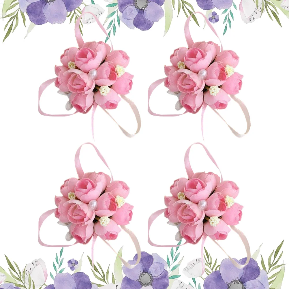 

4Pcs Wedding Bridal Wrist Flower Artificial Silk Brooch Flower Bracelet Ornament Dance Photography Accessory