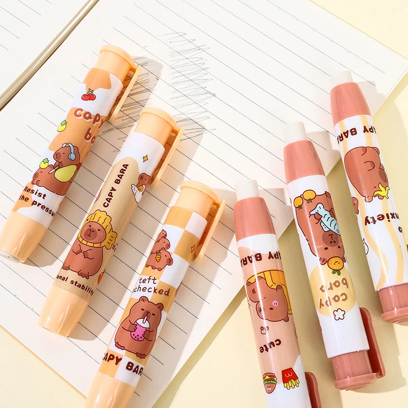 Creative Cute Capybara Press On Erasers Cartoon Kawaii Retractable Rubber Pencil Erasers For Kids Students Writing Drawing