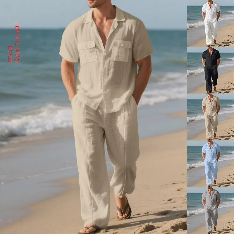 

Summer Linen Loose Beach Men's Casual Simple Workwear Short Sleeve Shirt Long Pants Set Teenage Boy Fashion Casual Wear