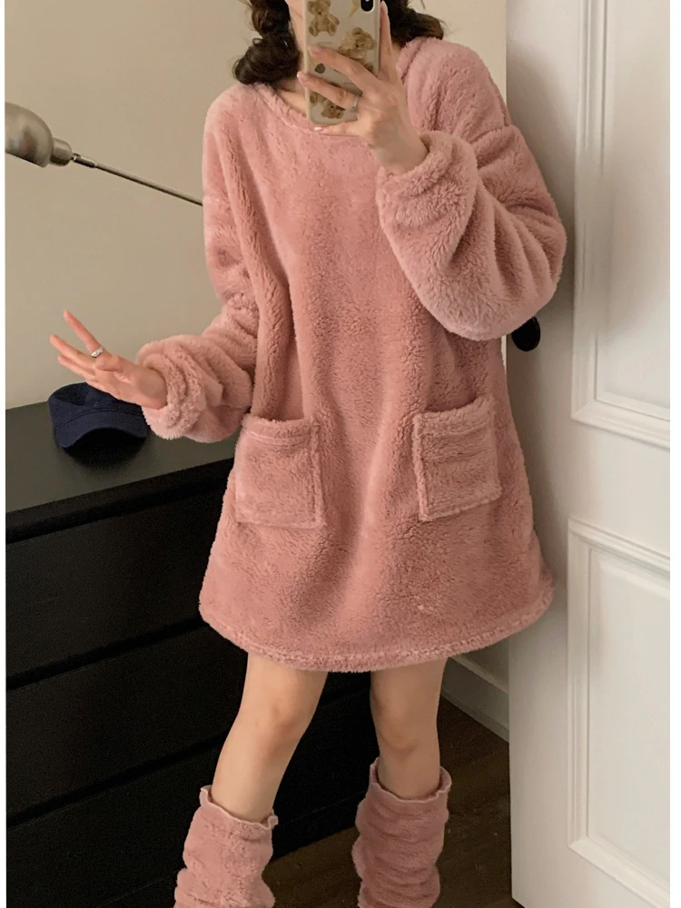 Plus Size Winter Warm Nightgown Flannel Short Dress Korean Soft Loose Thermal Homewear Outside Wear Pijamas Pullover Sleepshirt