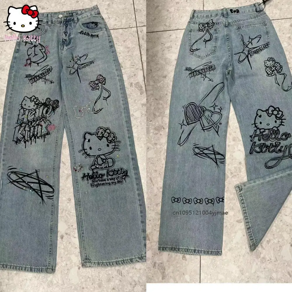 Y2k sanrio hello kitty jeans dos desenhos animados calças compridas anime calças de perna reta bonito retro cintura alta jeans doce meninas estudante