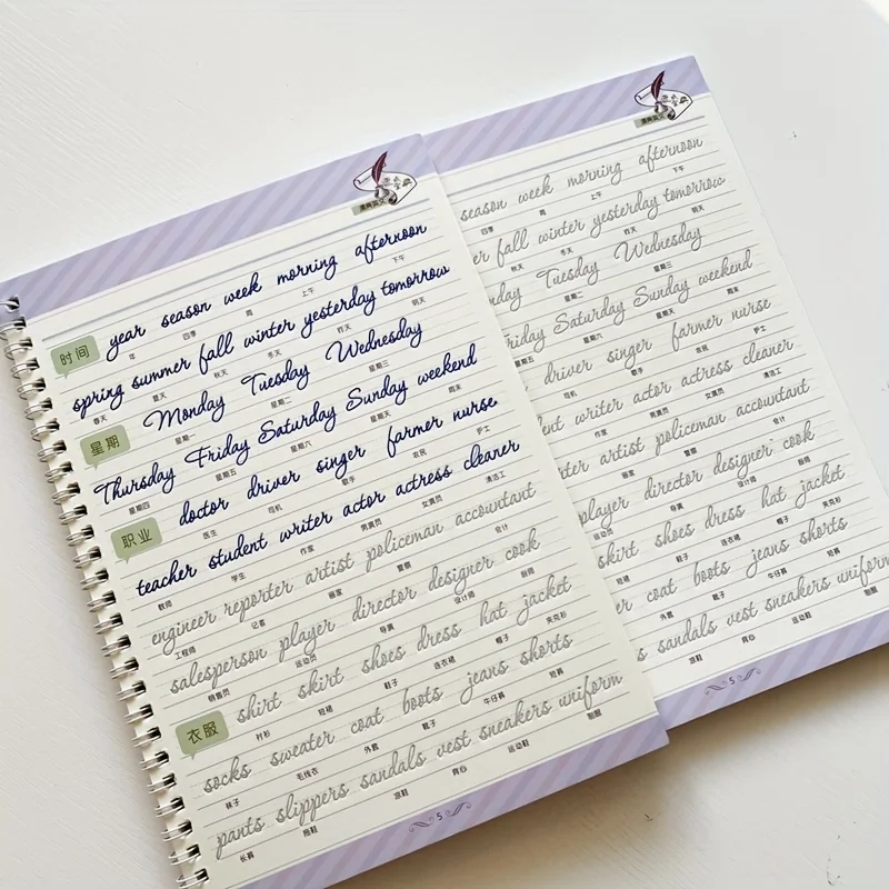 Reusable English Grooved Font Calligraphy Learning Book Letter Word Handwriting Practice CopyBook with Magic Pen