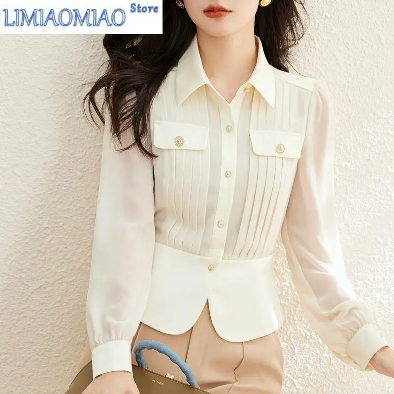 

New Autumn Women Short Long-sleeved Chiffon Blouse Shirt Western-style Blouse Female Slim Pure Colour Bottoming Shirt