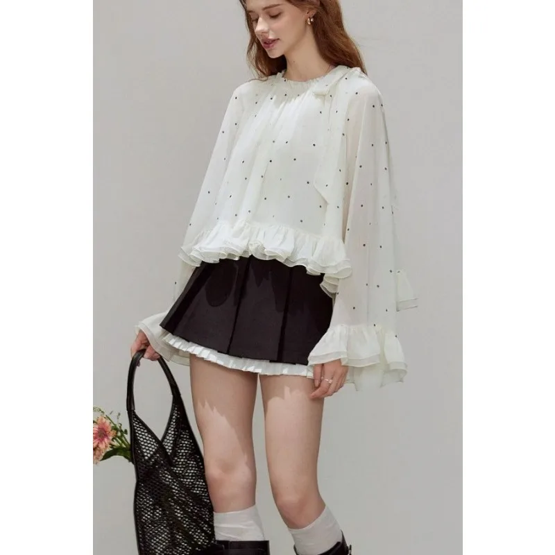 

Spring New Polka Dot Chiffon Blouse Women's Ruffle Hem Loose Short Sleeve Top