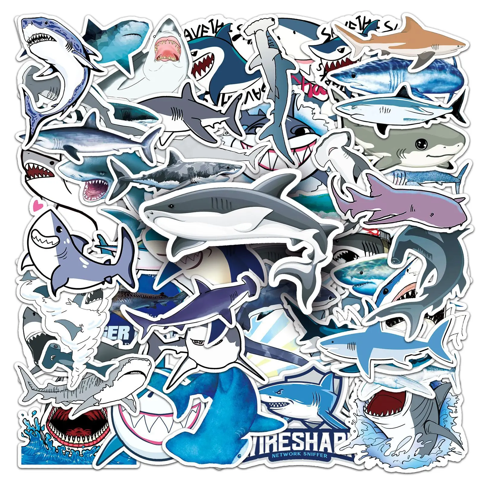 50PCS Shark Stickers Cartoon Ferocious Sea Animals Graffiti Decoration DIY Suitcase Toys Fridge Laptop Water Cup Guitar Decals