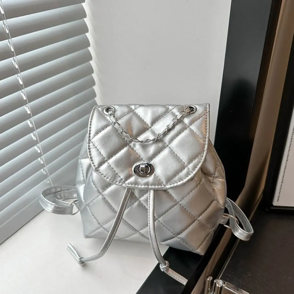 Casual Cute Small Backpack Pu Leather Silver Rhombic Lattice Chain Shoulder Bag School Bag Korean Style Pu Bucket Bag Ladies