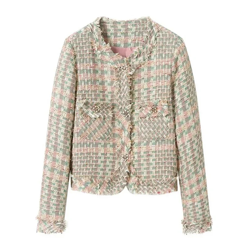 

2024 Autumn Women's New Classic Tweed Outer Long Sleeved Short Round Neck Top Women's Sweet Plaid Suit Jacket Pie 4 Q113