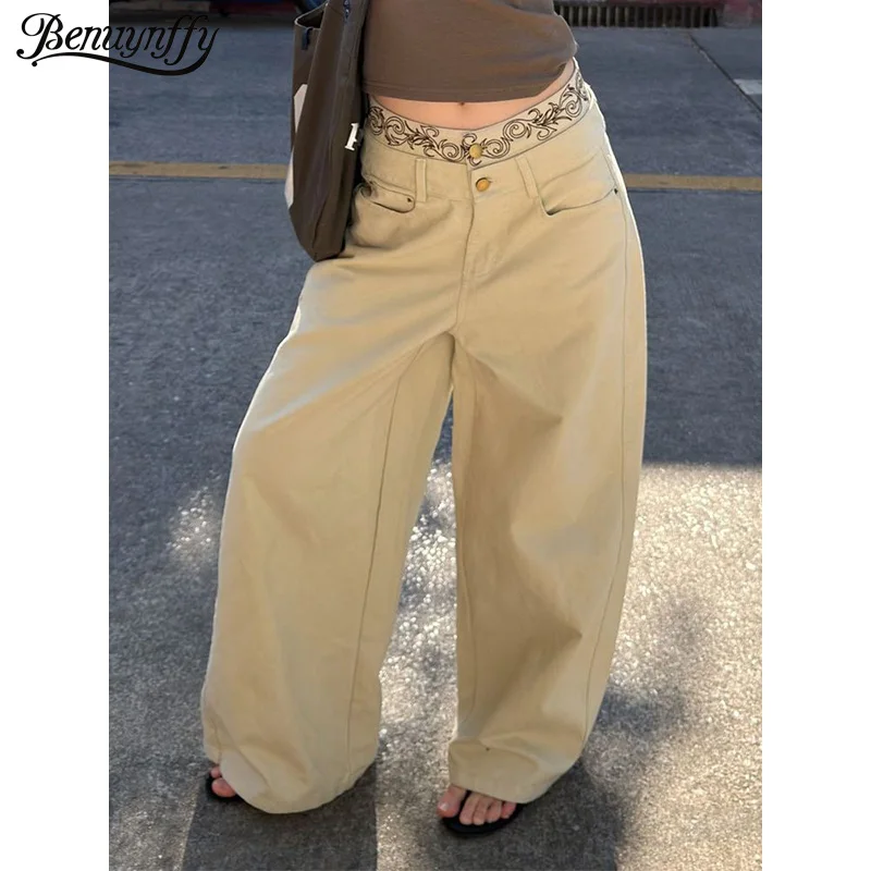 

Джинсы Benuynffy с вышивкой и двойным поясом, широкие штанины, женские, весна 2026, новинка, уличный стиль, низкая посадка, повседневные, Y2K, свободные джинсовые брюки