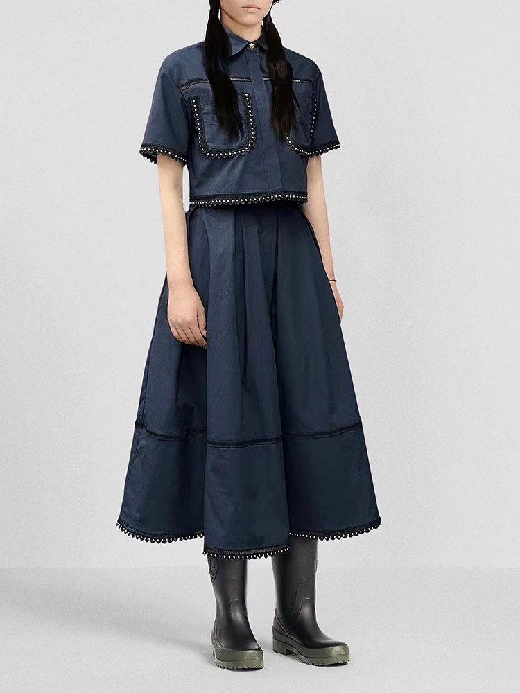 TWOTWINSTYLE Solid Temperament Two Piece Set For Women Lapel Short Sleeve Top High Waist A Line Skirt Minimalist Sets Female New
