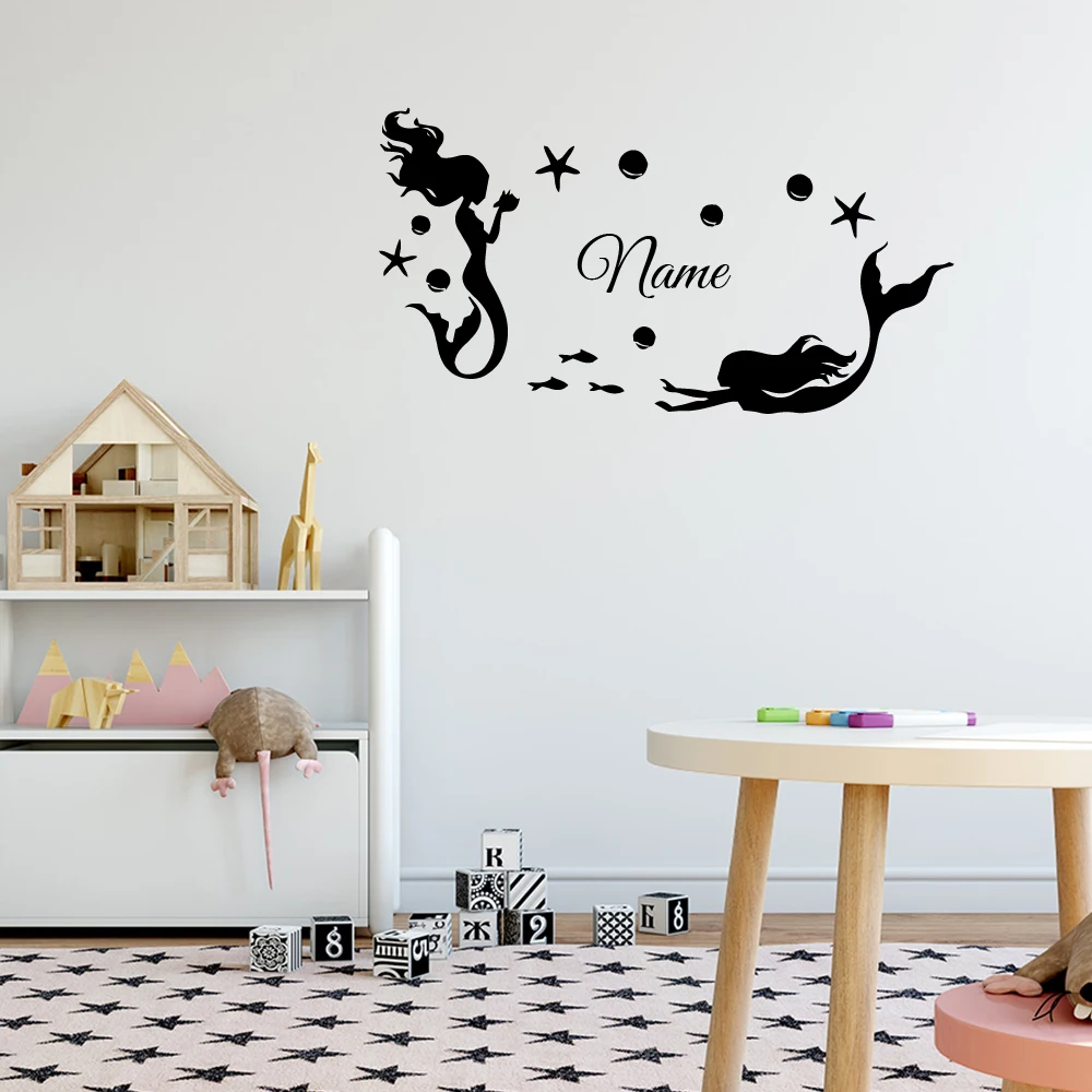 1 pc diy Custom Mermaid Kids Name Wall Stickers Nursery Décor Mermaid With Bubbles Vinyl Wall Decals Girls Sea for kids room