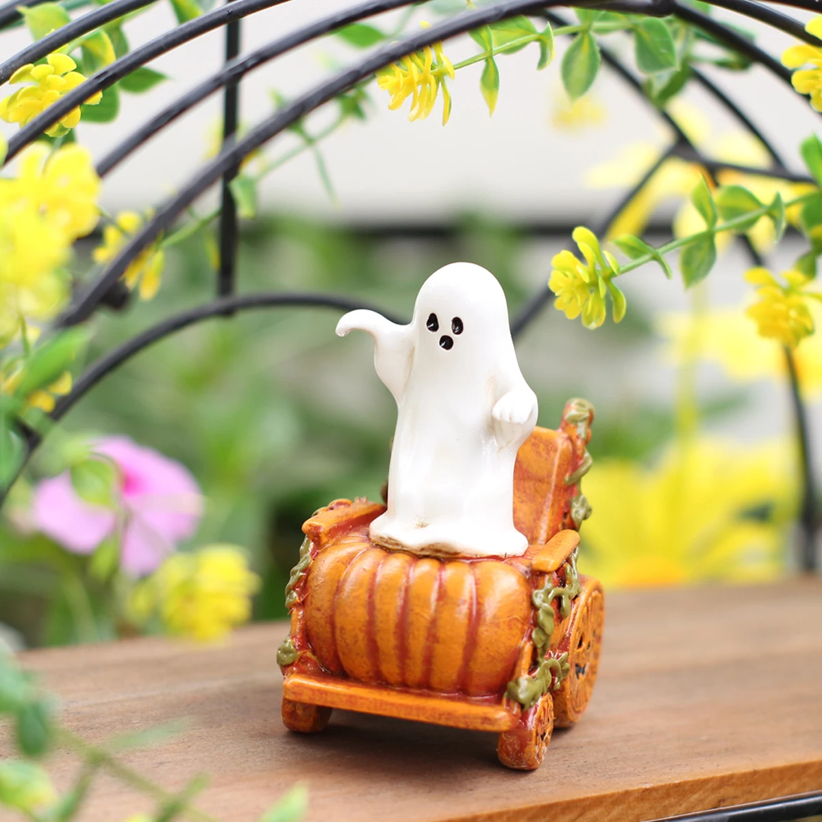1pc Halloween Ghost On Pumpkin Wheelchair Resin Figurine Cute Spooky Outdoor Garden Home Desktop Decor