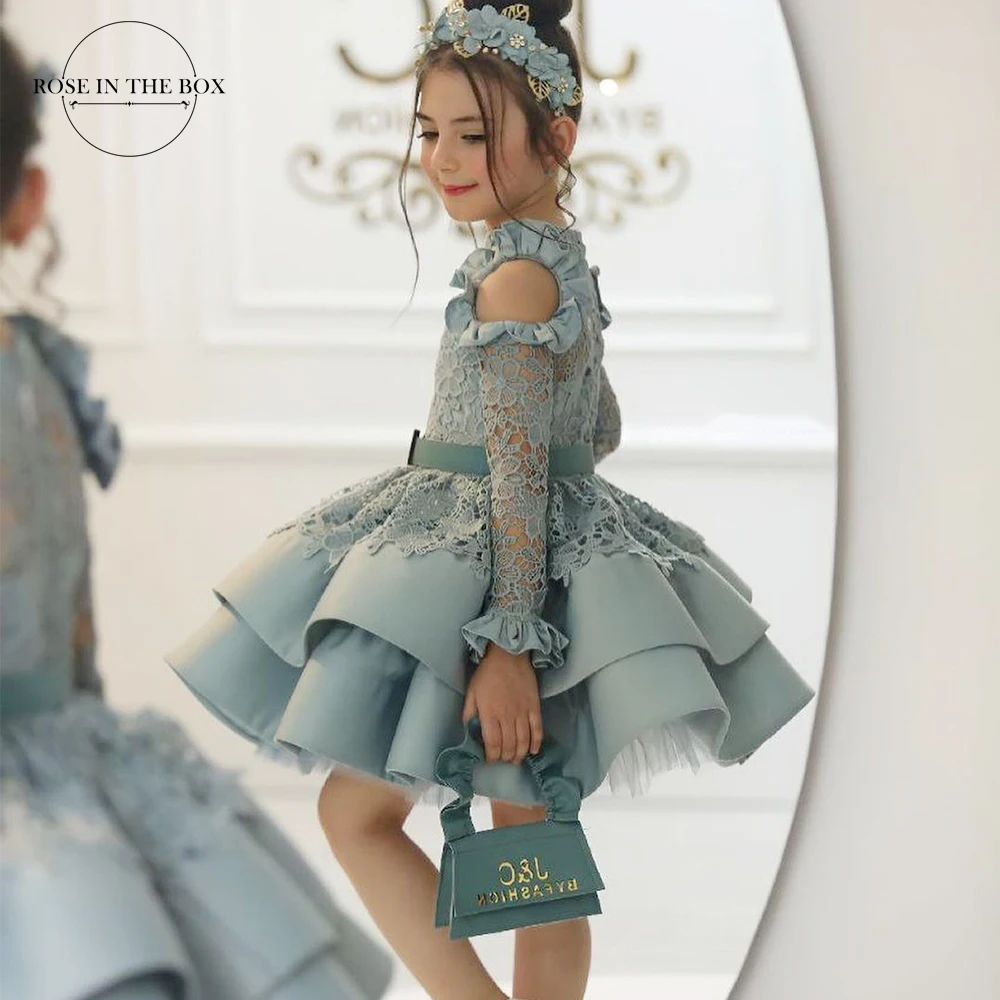 Vestido de princesa de comunión para niños, cuello alto, manga de encaje, falda esponjosa, vestido de baile, fiesta Formal, Junior