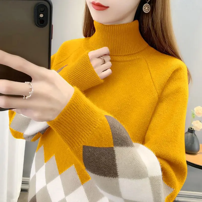 2023 Autumn Winter Women Argyle Patchwork Turtleneck Thick Knitted Sweater Female Casual Long Sleeve Loose Pullover Tops Jumpers