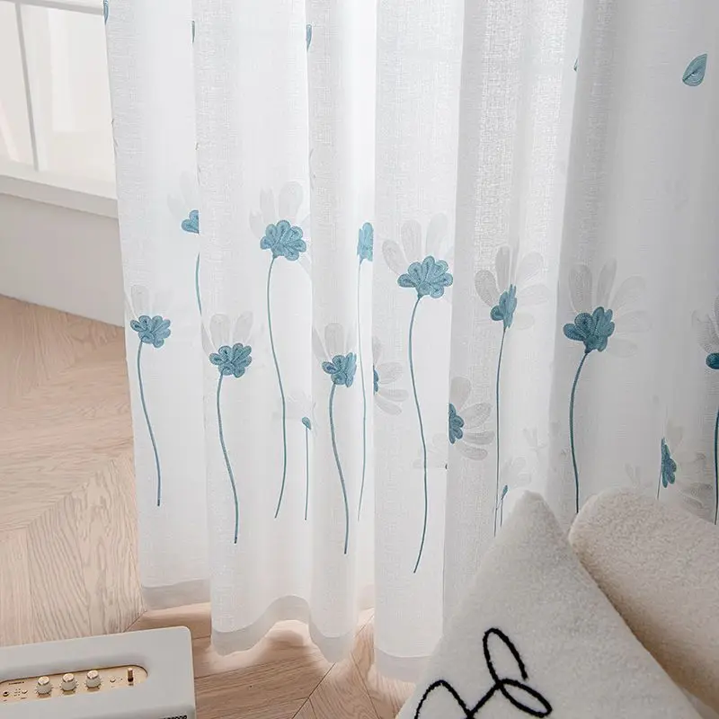 1pc Transparent Curtain, Blue Floral Embroidery, Sunscreen Thick Sheer Drapes, Living Room Bedroom Balcony Privacy
