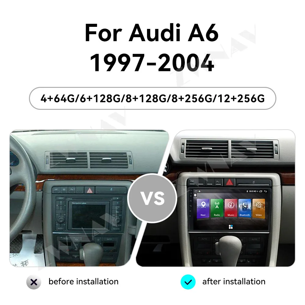 Android 14 GPS Navigation Wireless Carplay 9 inch Touch Screen For Audi A6 1997-2004 4G WIFI Head Unit Auto Stereo Radio