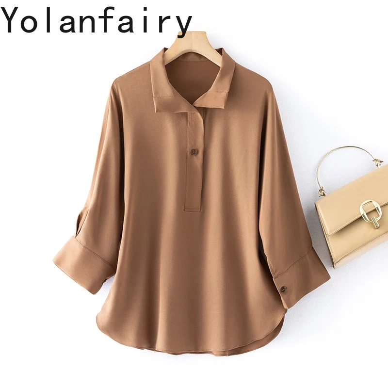 

YOLANFAIRY 93% Real Mulberry Silk Crepe Shirts for Ladies V-neck Loose Three-quarter Sleeves Brown Women Shirt Ropa Mujer Verano
