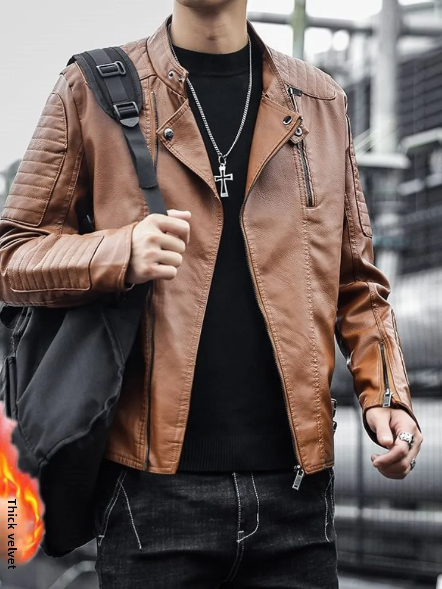 

Winter Faion Slim Fit Fce Lined Men's Leather Jaet Sli Haome Korean Version PU Coat Long Sve Zipper Closure